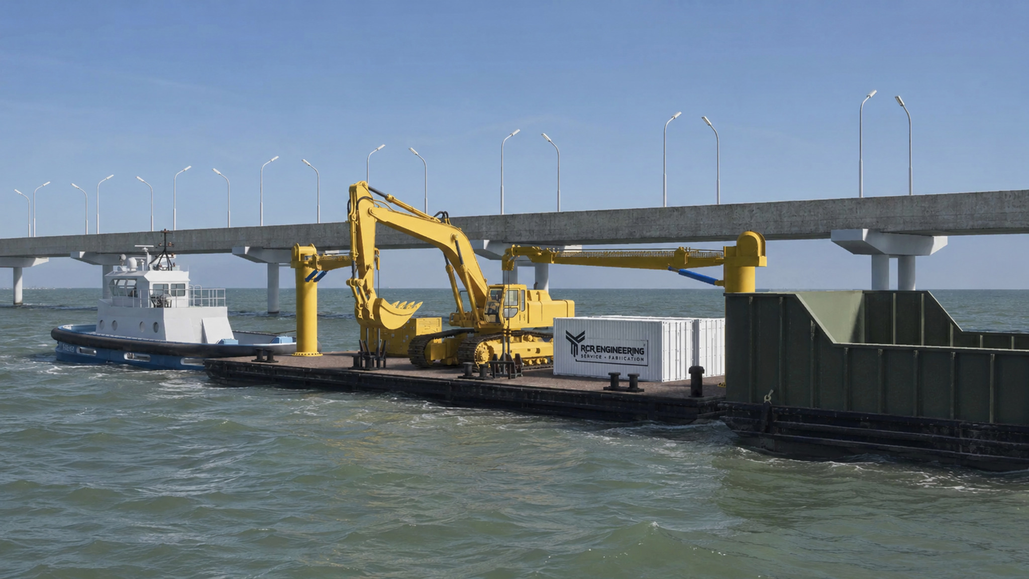 RCR dredging convoy underway beside a bridge