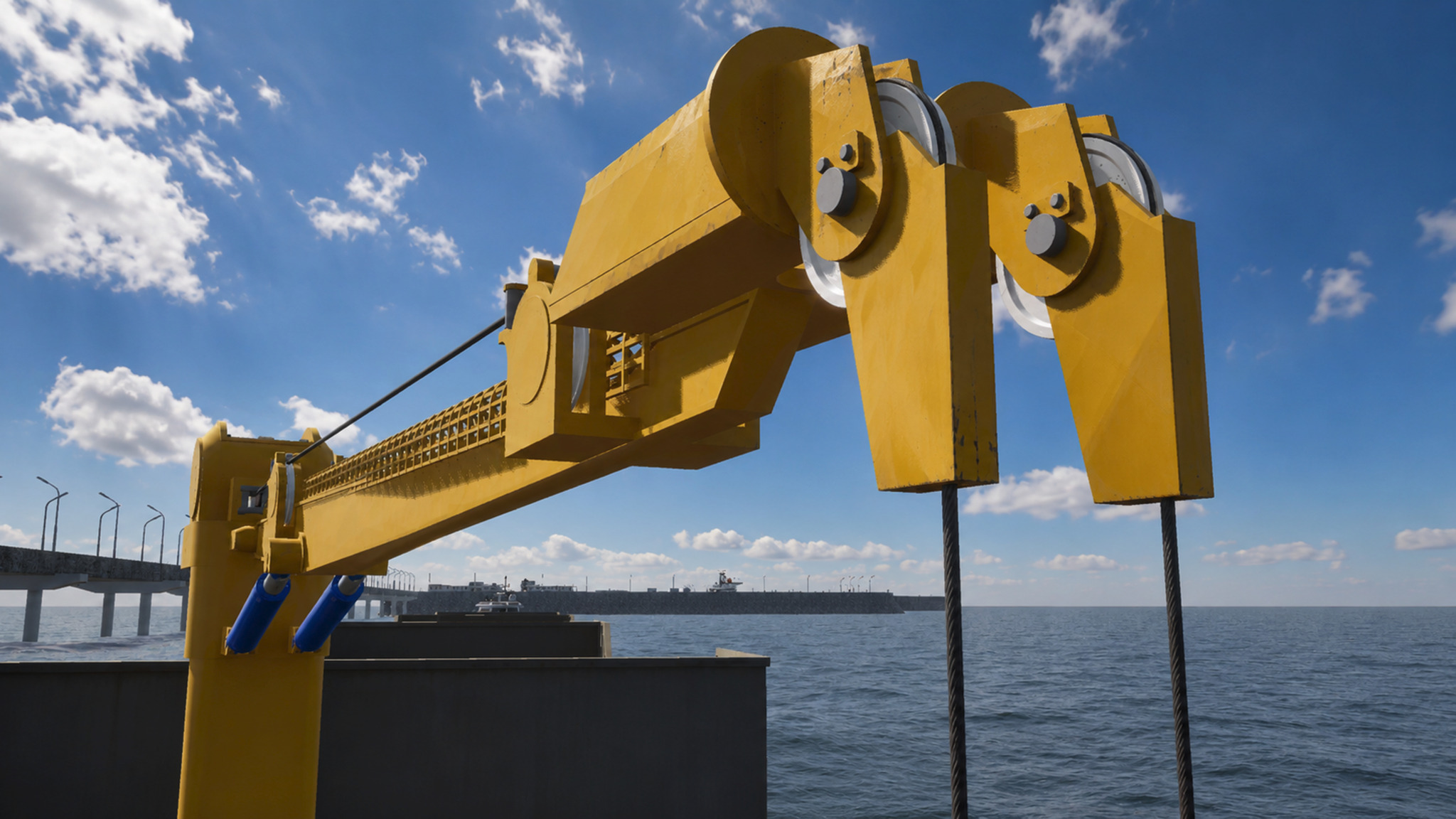 Close view of the RCR dual-hook lifting arrangement above the dredging barge