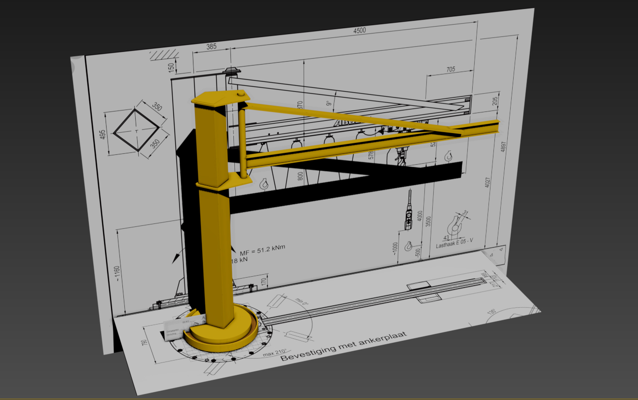 Slewing crane design model over technical drawings